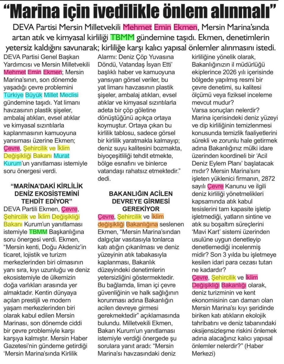 'MARİNA İÇİN İVEDİLİKLE ÖNLEM ALINMALI' — gazete kupürü