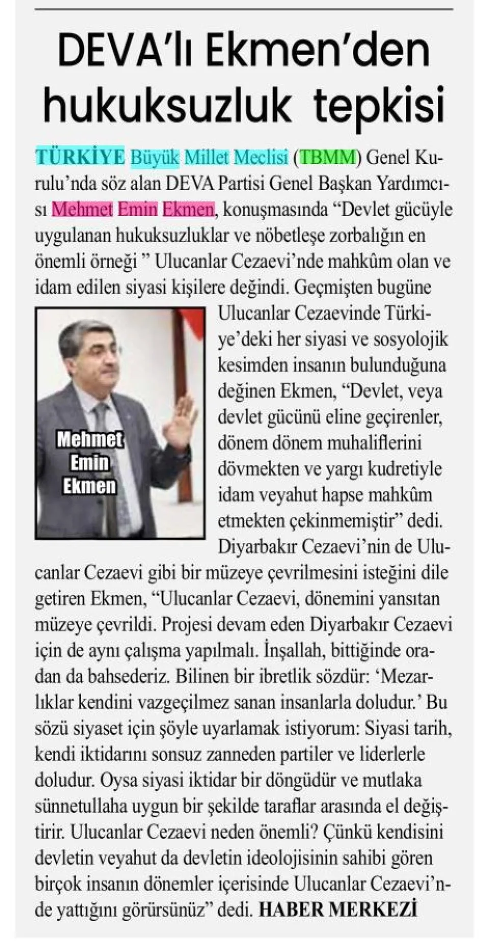 DEVA'LI EKMEN'DEN HUKUKSUZLUK TEPKİSİ — gazete kupürü