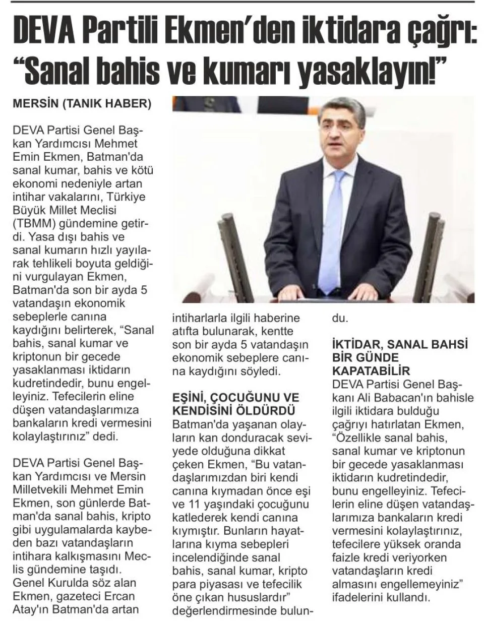DEVA PARTİLİ EKMENDEN İKTİDARA ÇAĞRI: "SANAL BAHİS VE KUMARI YASAKLAYIN!" — gazete kupürü
