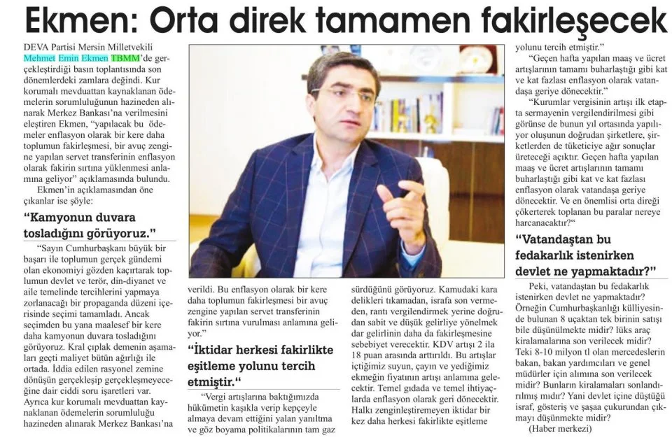 EKMEN: ORTA DİREK TAMAMEN FAKİRLEŞECEK — gazete kupürü