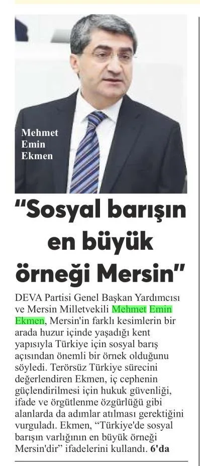 SOSYAL BARIŞIN EN BÜYÜK ÖRNEĞİ MERSİN — gazete kupürü