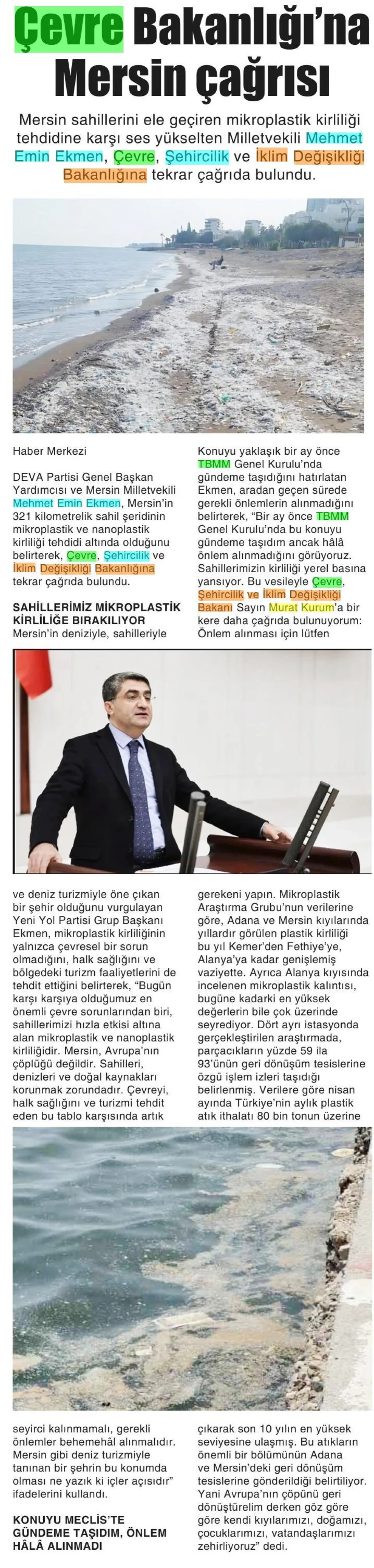 ÇEVRE BAKANLIĞI'NA MERSİN ÇAĞRISI — gazete kupürü