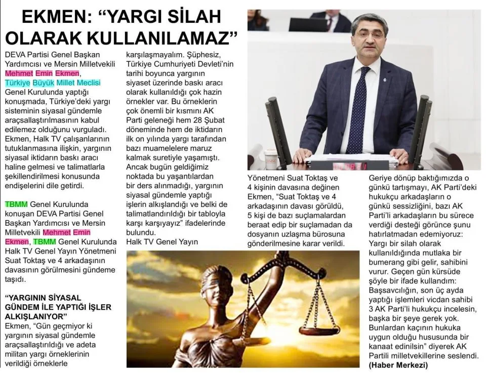 EKMEN: YARGI SİLAH OLARAK KULLANILMAZ — gazete kupürü