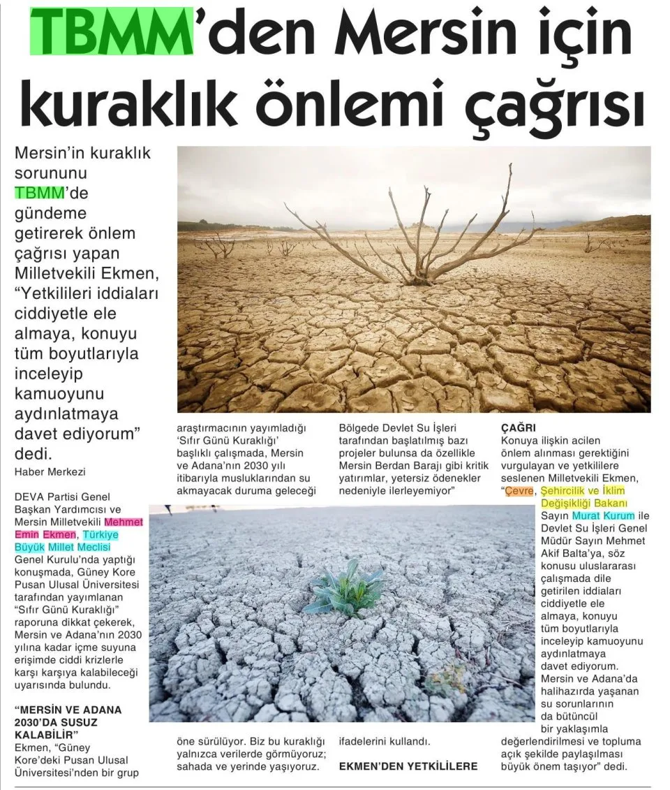 TBMM'DEN MERSİN İÇİN KURAKLIK ÖNLEMİ ÇAĞRISI — gazete kupürü
