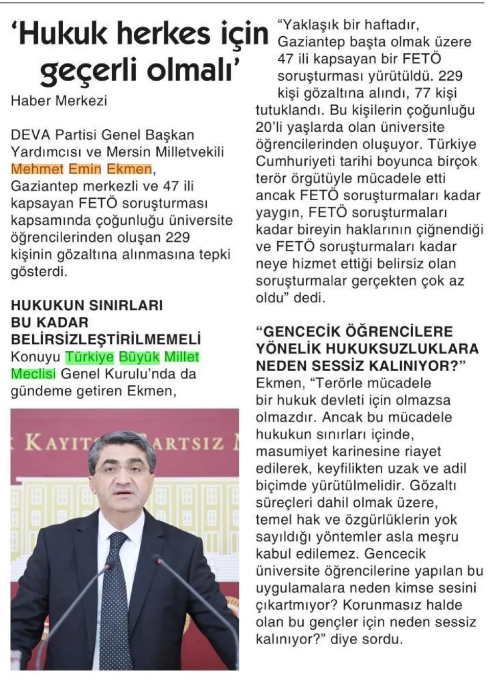 'HUKUK HERKES İÇİN GEÇERLİ OLMALI' — gazete kupürü