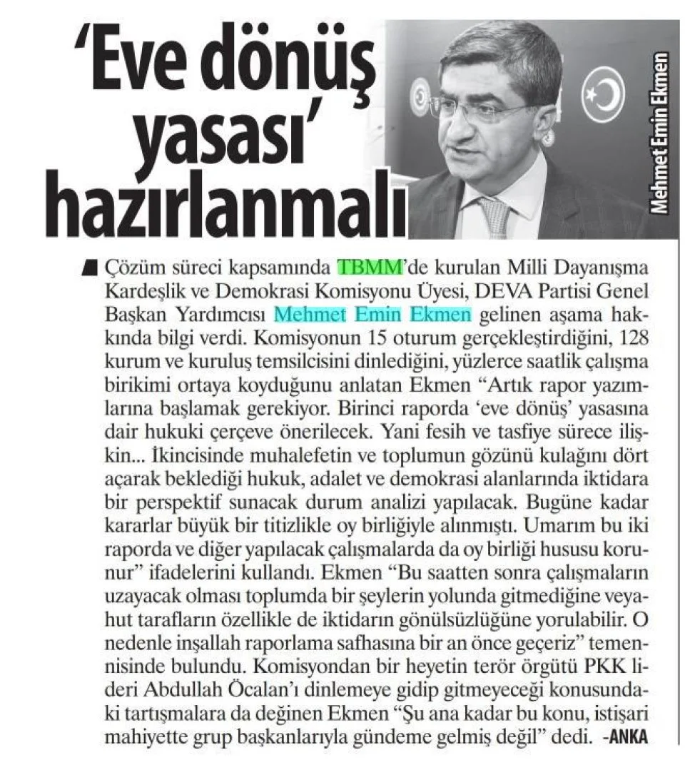 'EVE DÖNÜŞ YASASI' HAZIRLANMALI — gazete kupürü