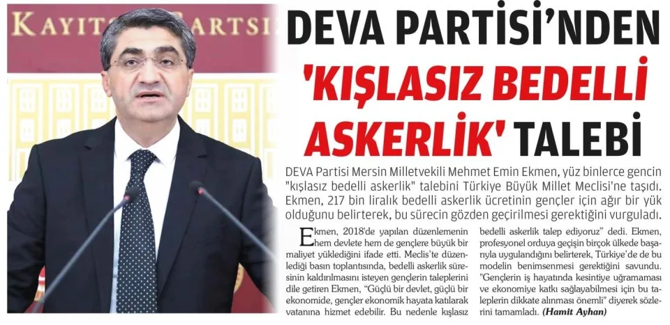 DEVA PARTİSİNDEN 'KIŞLASIZ BEDELLİ ASKERLİK' TALEBİ — gazete kupürü
