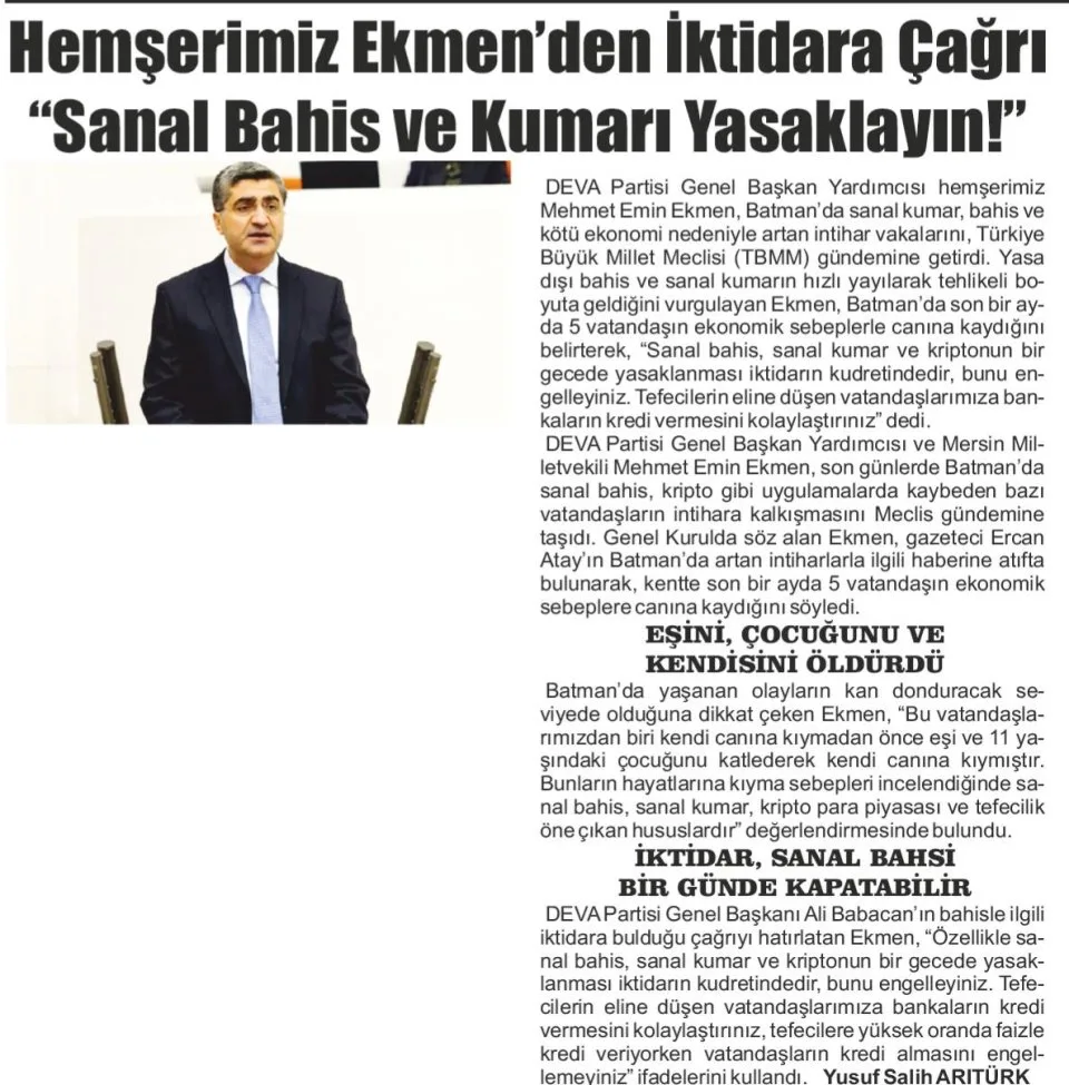 HEMŞERİMİZ EKMEN'DEN İKTİDARA ÇAĞRI "SANAL BAHİS VE KUMARI YASAKLAYIN!" — gazete kupürü