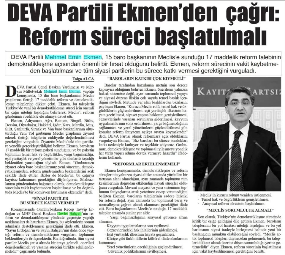 DEVA PARTİLİ EKMENDEN ÇAĞRI: REFORM SÜRECİ BAŞLATILMALI — gazete kupürü