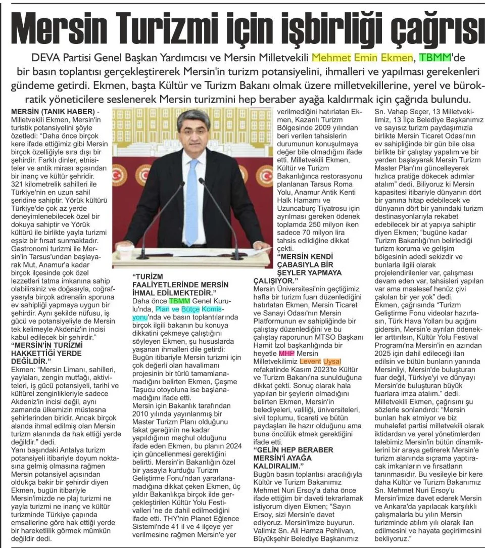 MERSİN TURİZMİ İÇİN İŞBİRLİĞİ ÇAĞRISI — gazete kupürü