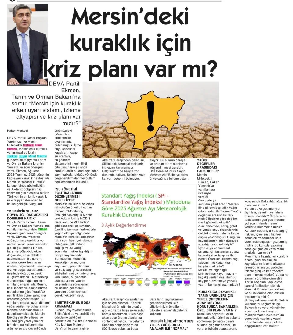 MERSİN'DEKİ KURAKLIK İÇİN KRİZ PLANI VAR MI? — gazete kupürü