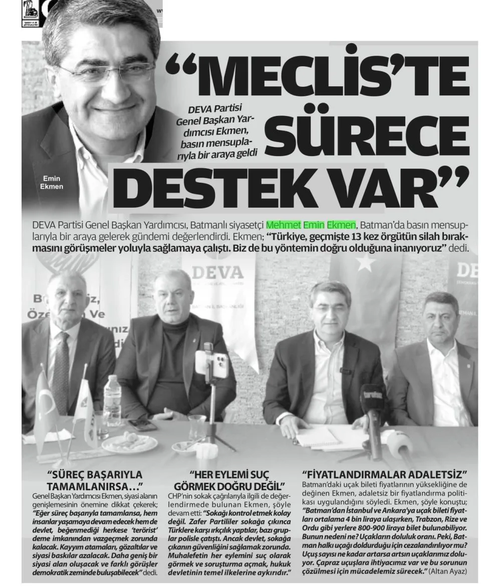 "MECLİSTE SÜRECE DESTEK VAR" — gazete kupürü