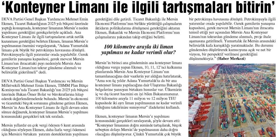 'KONTEYNER LİMANI İLE İLGİLİ TARTISMALARI BİTİRİN' — gazete kupürü