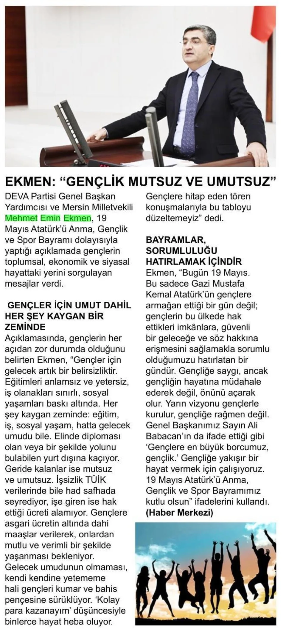 EKMEN: GENÇLİK MUTSUZ VE UMUTSUZ — gazete kupürü