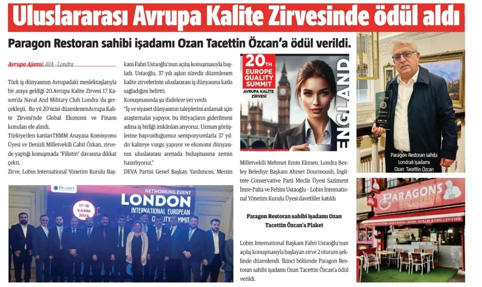 PARAGON RESTORAN SAHİBİ LONDRALI İŞADAMI OZAN TACETTİN ÖZCAN ULUSLARARASI AVRUPA KALİTE ZİRVESİNDE ÖDÜL ALDI — gazete kupürü