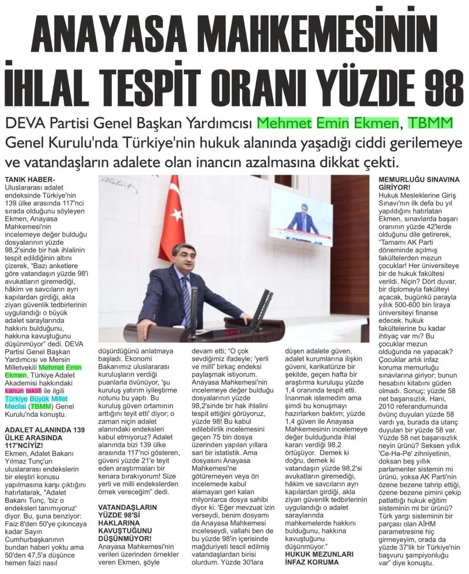 ANAYASA MAHKEMESİNİN İHLAL TESPİT ORANI YÜZDE 98 — gazete kupürü