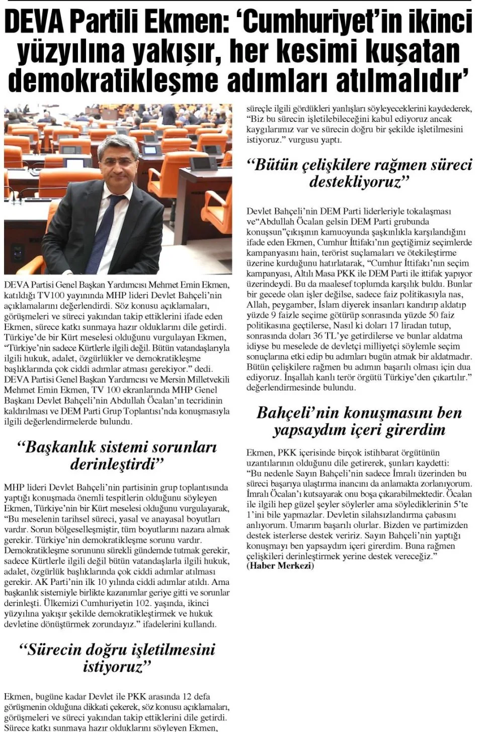 DEVA PARTİLİ EKMEN CUMHURİYETİN İKİNCİ YÜZYILINA YAKIŞIR — gazete kupürü