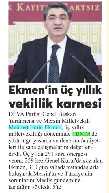 EKMEN'İN ÜÇ YILLIK VEKİLLİK KARNESİ — gazete kupürü