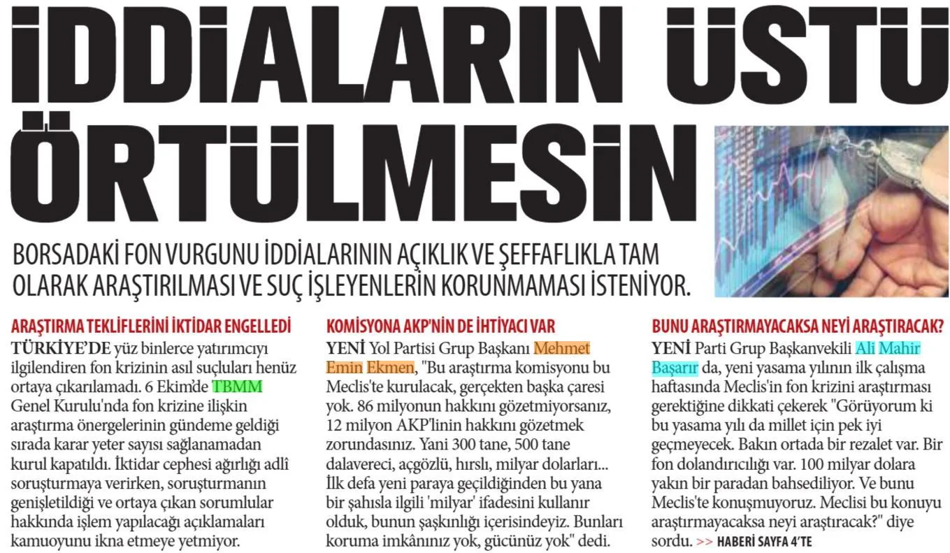İDDİALARIN ÜSTÜ ÖRTÜLMESİN — gazete kupürü
