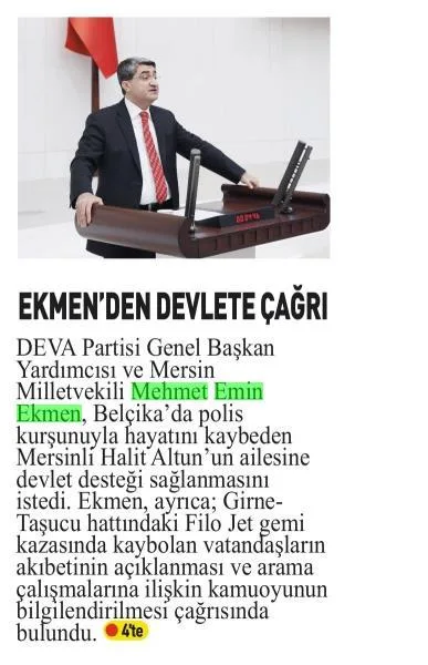 EKMEN'DEN DEVLETE ÇAĞRI — gazete kupürü