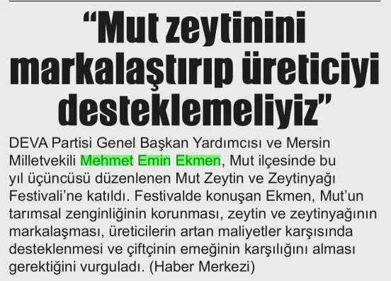 'MUT ZEYTİNİNİ MARKALAŞTIRIP ÜRETİCİYİ DESTEKLEMELİYİZ' — gazete kupürü