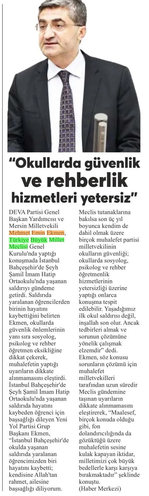 'OKULLARDA GÜVENLİK VE REHBERLİK HİZMETLERİ YETERSİZ' — gazete kupürü (2. parça)
