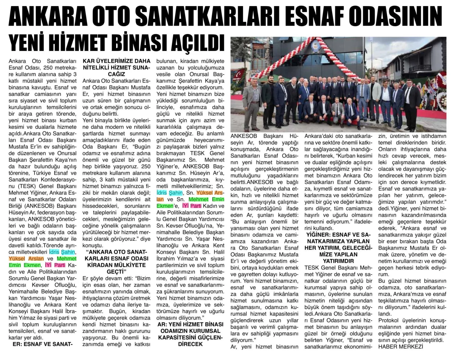 ANKARA OTO SANATKARLARI ESNAF ODASININ YENİ HİZMET BİNASI AÇILDI — gazete kupürü