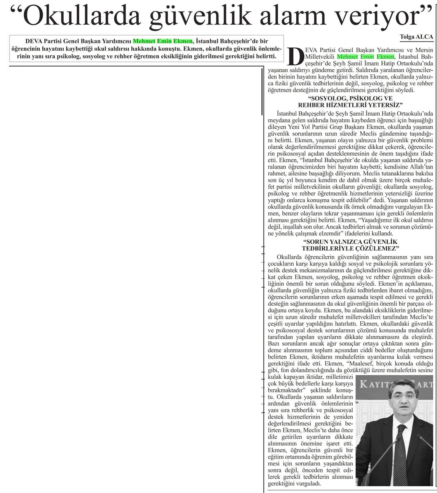 OKULLARDA GÜVENLİK ALARM VERİYOR — gazete kupürü