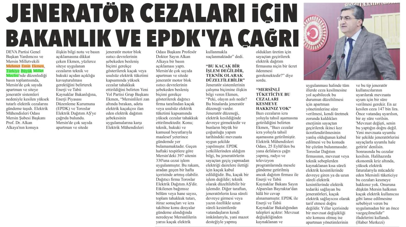 JENERATÖR CEZALARI MECLİS GÜNDEMİNDE — gazete kupürü (2. parça)