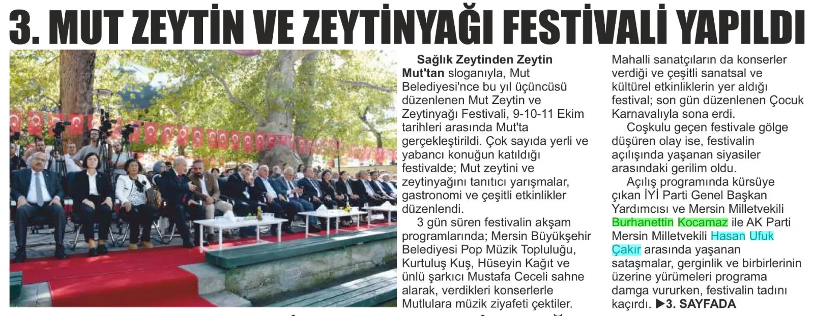 3. MUT ZEYTİN VE ZEYTİNYAĞI FESTİVALİ YAPILDI — gazete kupürü