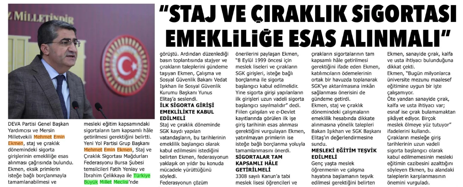 "STAJ VE ÇIRAKLIK SİGORTASI EMEKLİLİĞE ESAS ALINMALI — gazete kupürü (2. parça)