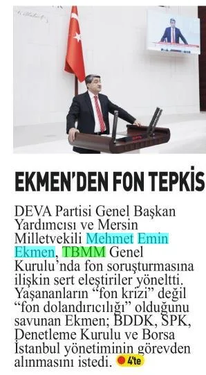 EKMEN'DEN FON TEPKİSİ — gazete kupürü