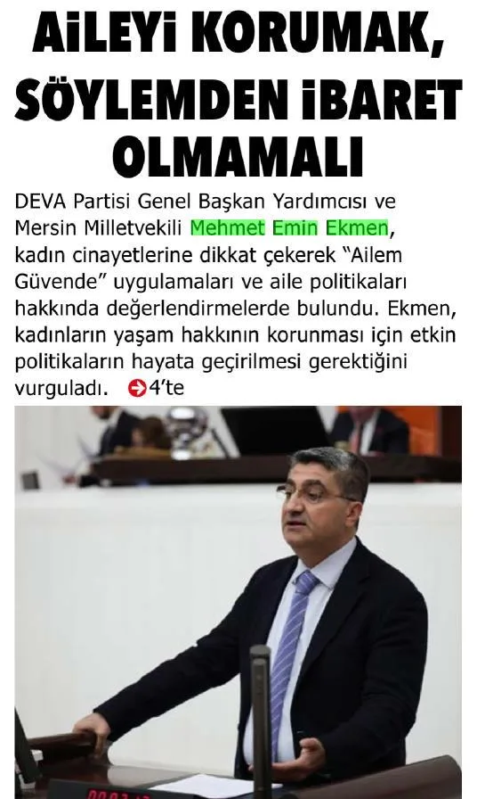 AİLEYİ KORUMAK, SÖYLEMDEN İBARET OLMAMALI — gazete kupürü