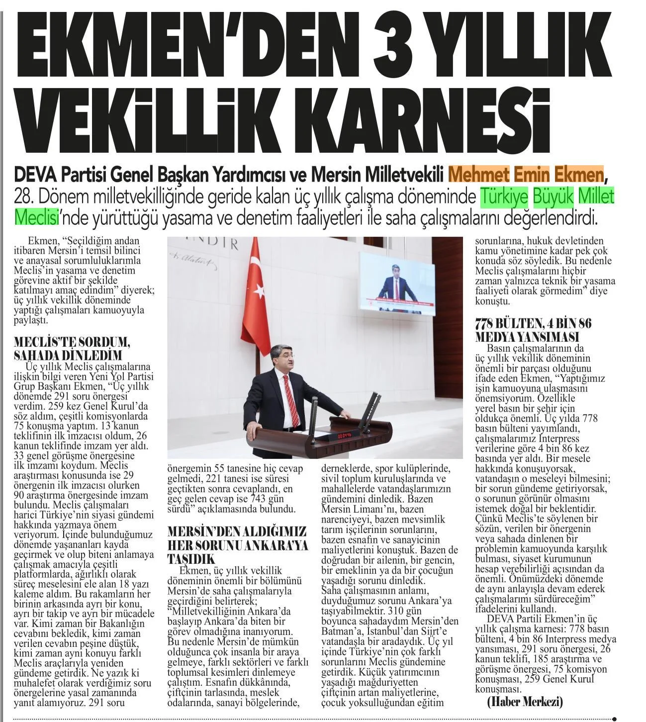 EKMEN'DEN 3 YILLIK VEKİLLİK KARNESİ — gazete kupürü