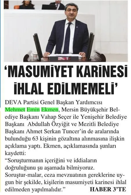 'MASUMİYET KARİNESİ İHLAL EDİLMEMELİ' — gazete kupürü