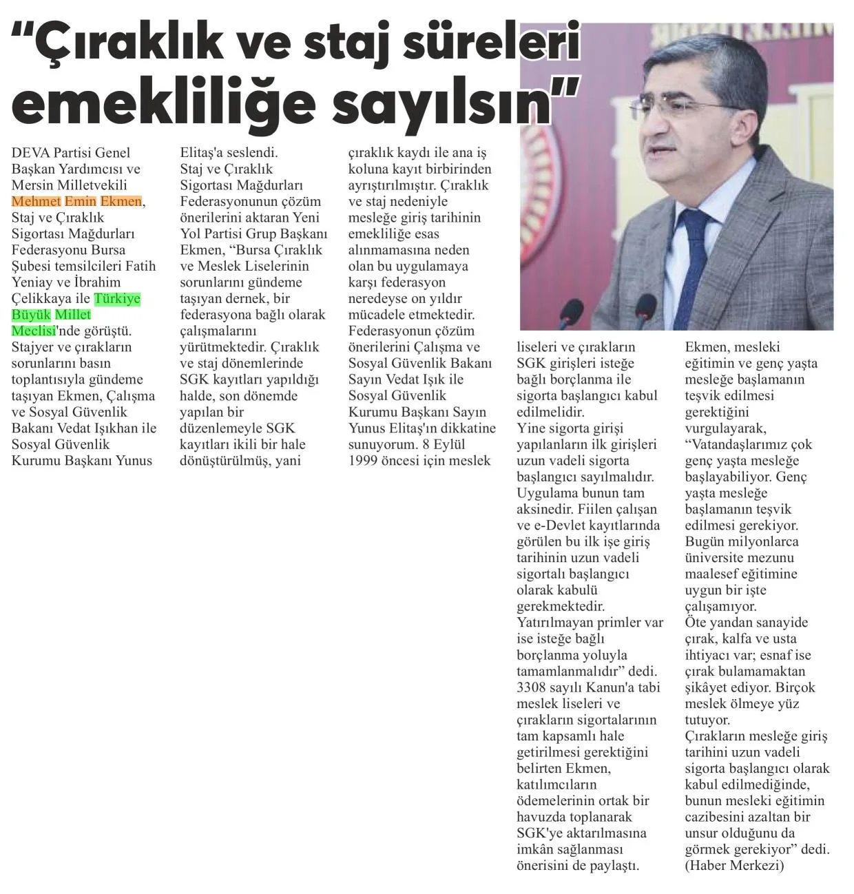 STAJ VE ÇIRAKLIKTA SİGORTA BAŞLANGICI TALEBİ — gazete kupürü (2. parça)