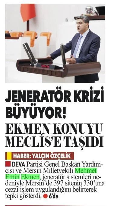 JENERATÖR KRİZİ BÜYÜYOR! EKMEN KONUYU MECLİS'E TAŞIDI — gazete kupürü