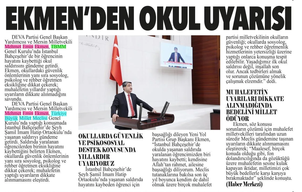 EKMEN'DEN OKUL UYARISI — gazete kupürü