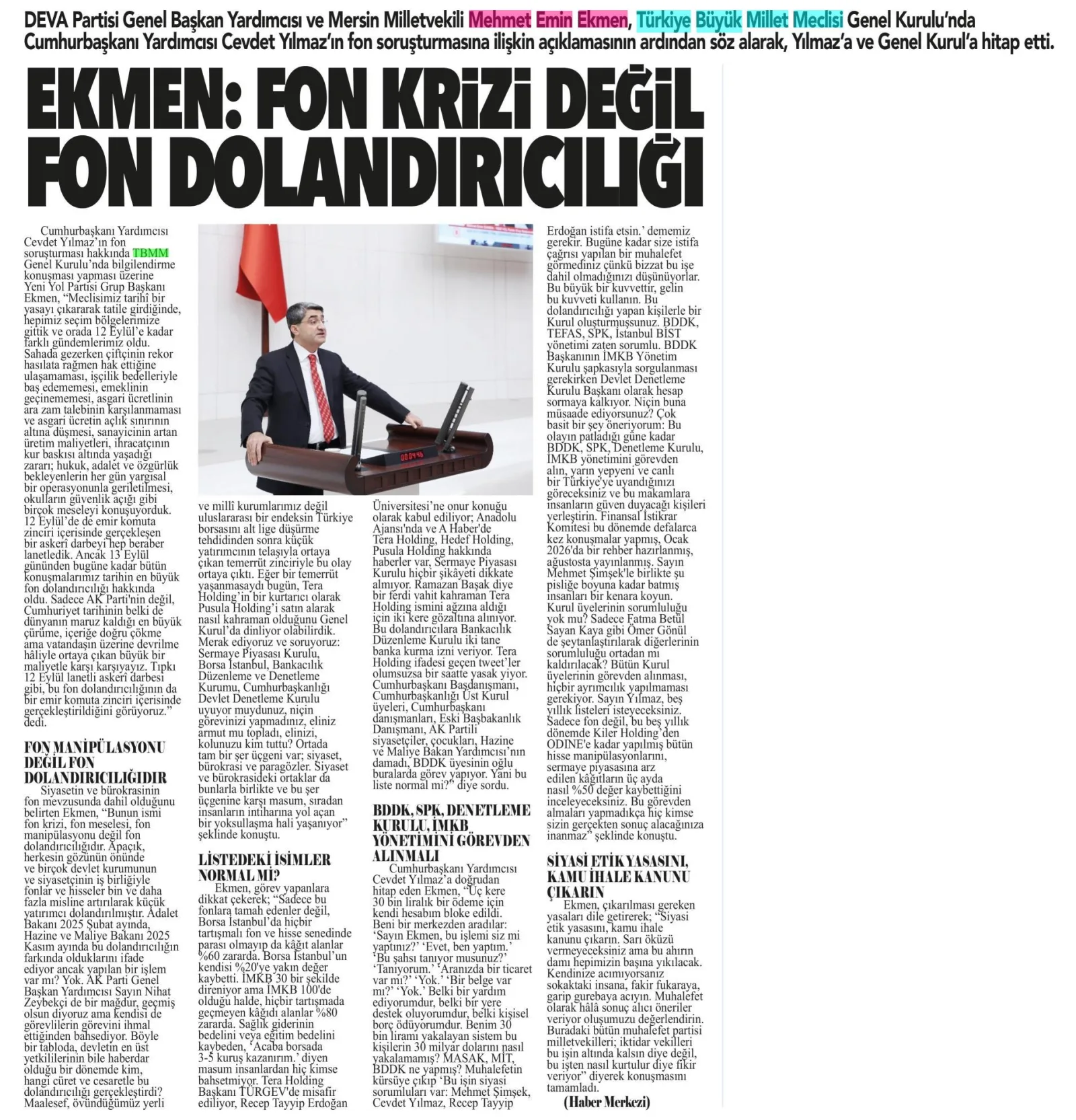 EKMEN'DEN FON TEPKİSİ — gazete kupürü (2. parça)