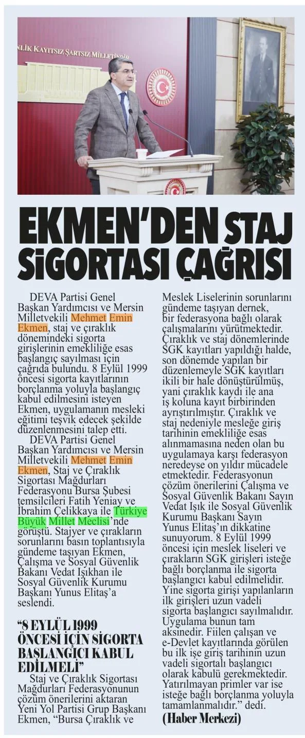 STAJ SİGORTASINA EMEKLİLİK ÇAĞRISI — gazete kupürü (2. parça)