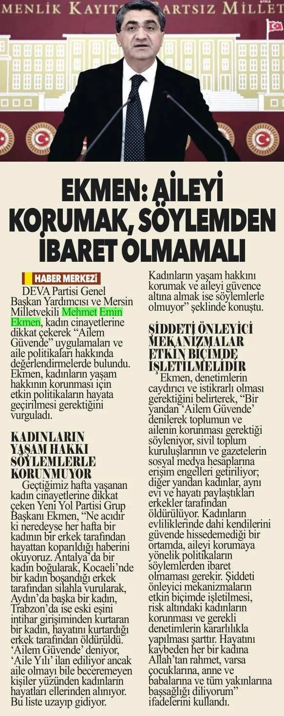 EKMEN: AİLEYİ KORUMAK, SÖYLEMDEN İBARET OLMAMALI — gazete kupürü (2. parça)