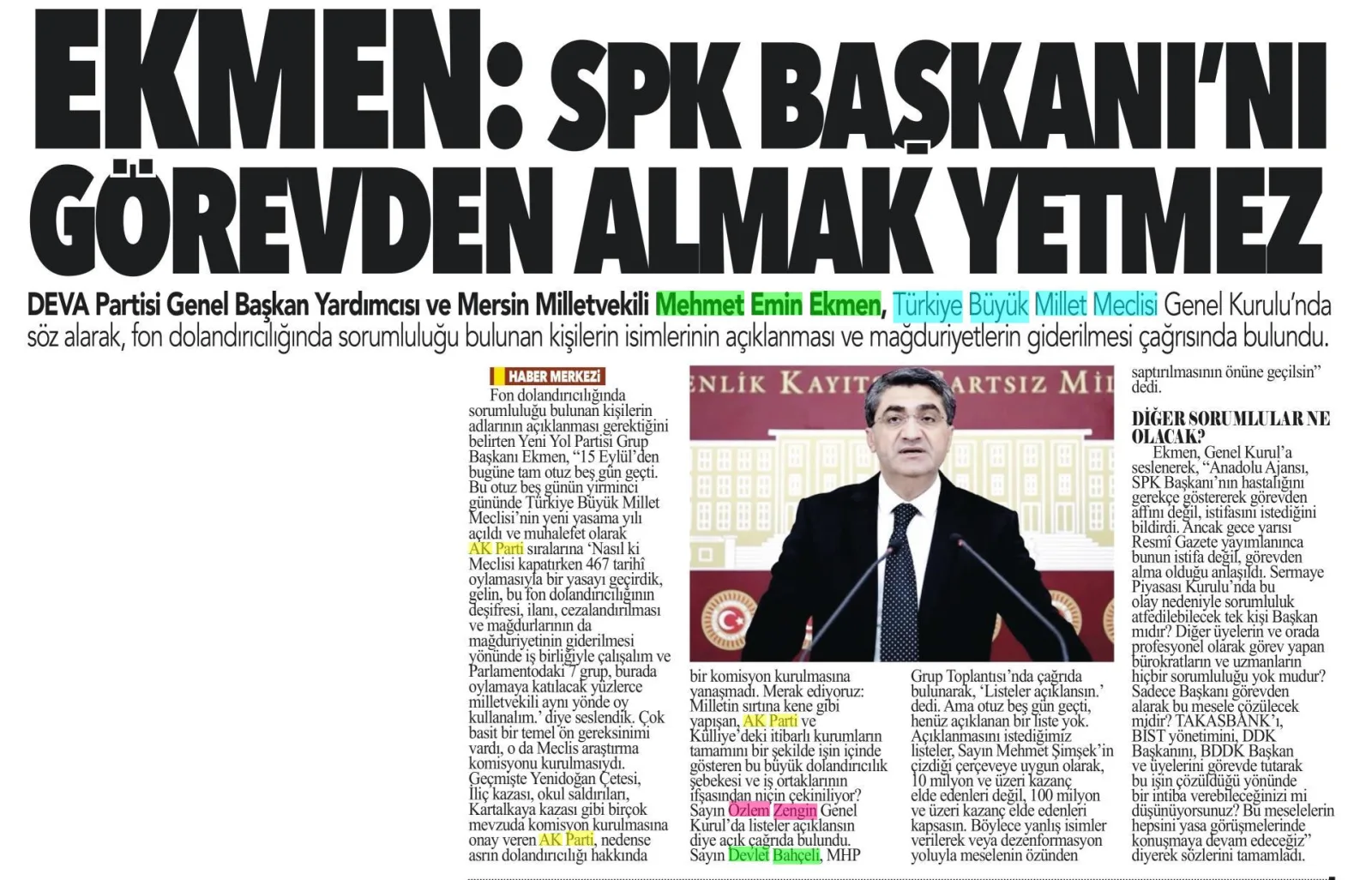EKMEN: SPK BAŞKAN'I GÖREVDEN ALMAK YETMEZ — gazete kupürü