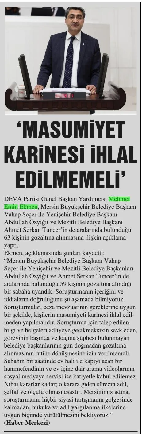 'MASUMİYET KARİNESİ İHLAL EDİLMEMELİ' — gazete kupürü (2. parça)