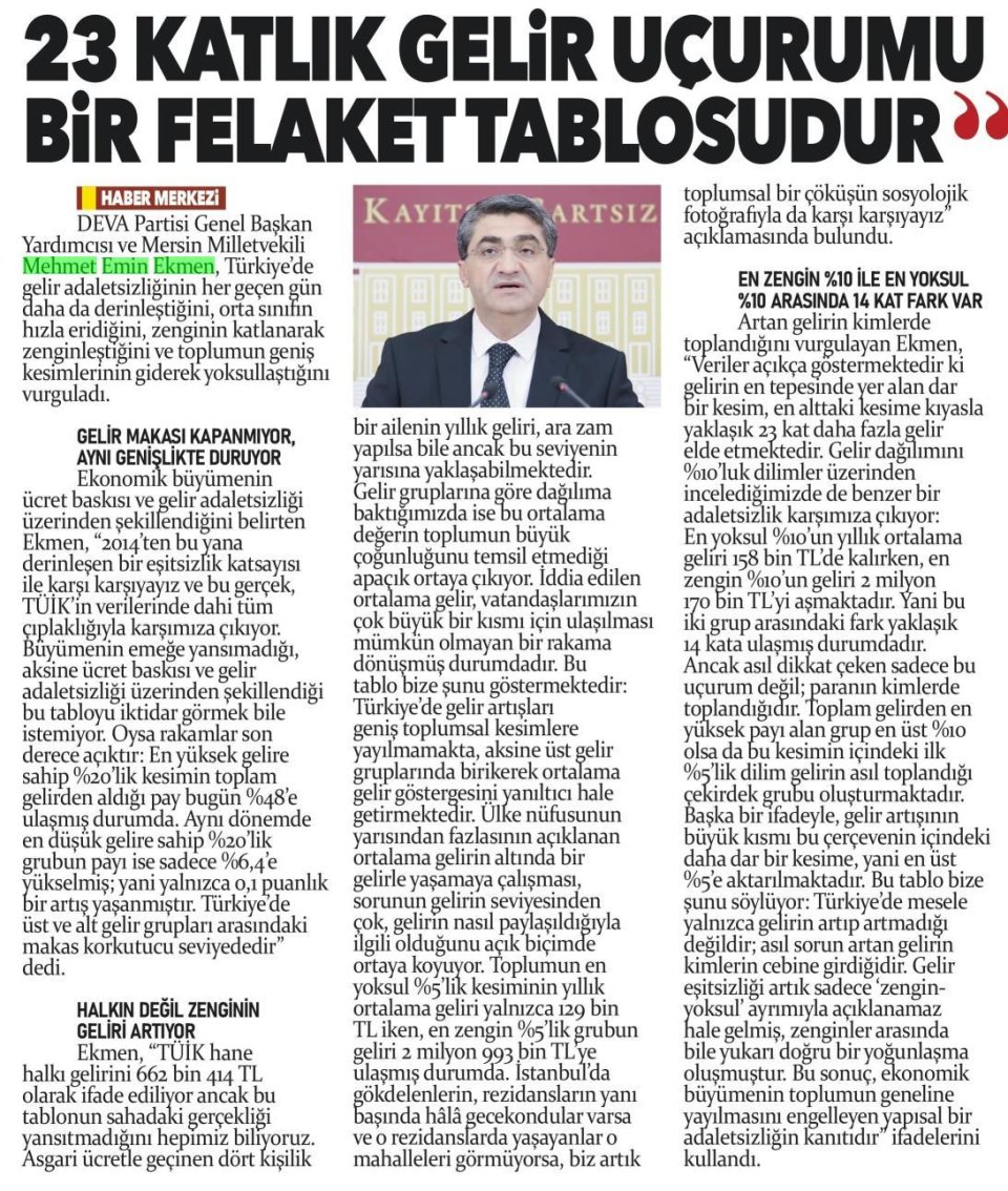 23 KATLI GELİR UÇURUMU BİR FELAKET TABLOSUDUR