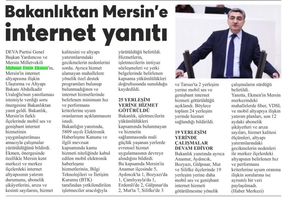 BAKANLIKTAN MERSİN'E İNTERNET YANITI