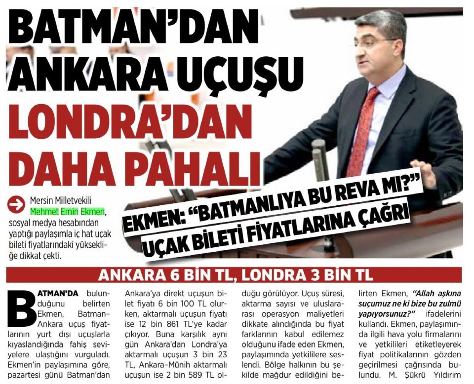 BATMAN'DAN ANKARA UÇUŞU LONDRA'DAN DAHA PAHALI