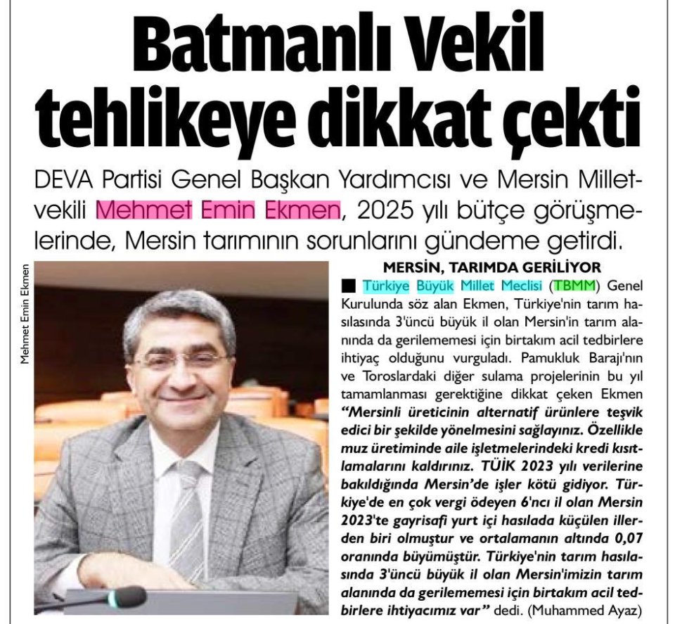  BATMANLI VEKİL TEHLİKEYE DİKKAT ÇEKTİ