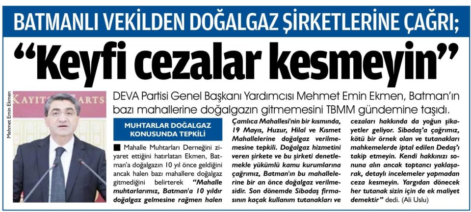 BATMANLI VEKİLDEN DOĞALGAZ ŞİRKETLERİNE ÇAĞRI; 