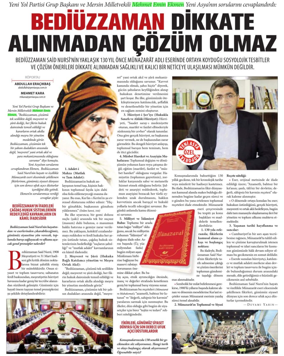  BEDİÜZZAMAN DİKKATE ALINMADAN ÇÖZÜM OLMAZ