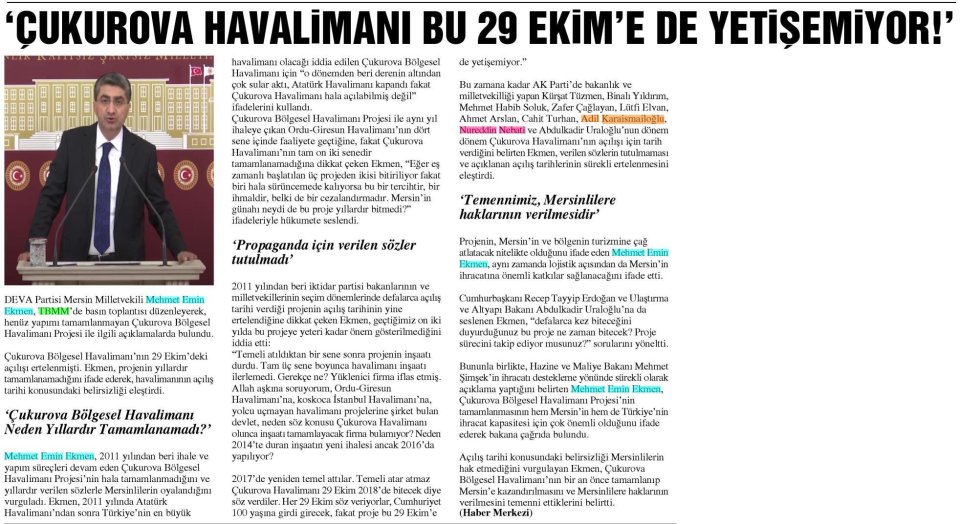ÇUKUROVA HAVALİMANI BU 29 EKİME DE YETİŞEMİYOR!'
